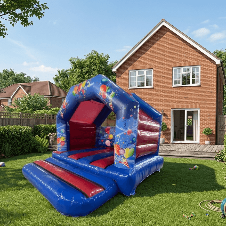 Airquee Hüpfburg Party in einem Garten als Idee für einen Kindergeburtstag