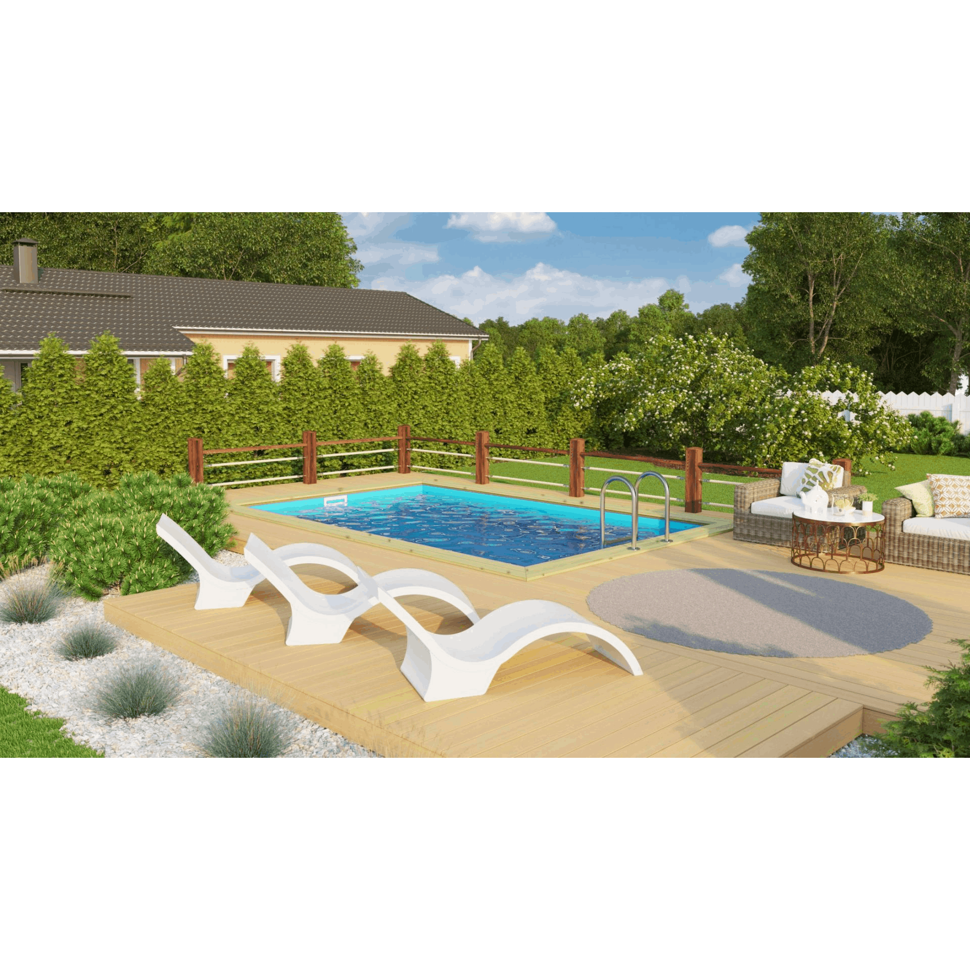 Karibu Rechteck Pool 3 mit umliegendem Holzdeck im Garten