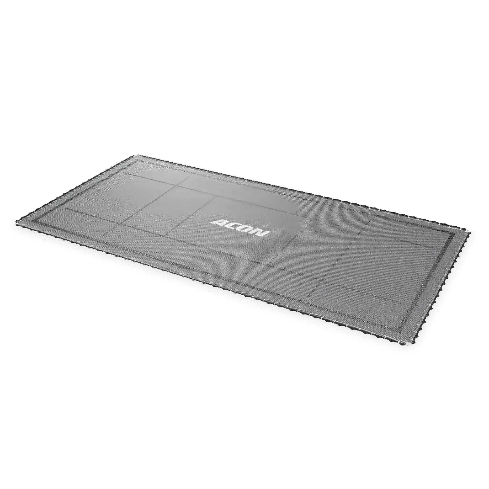Schräg dargestellte ACON X Freestyle Trampolinmatte mit grauer Sprungfläche, schwarzen Markierungen und ACON Logo.