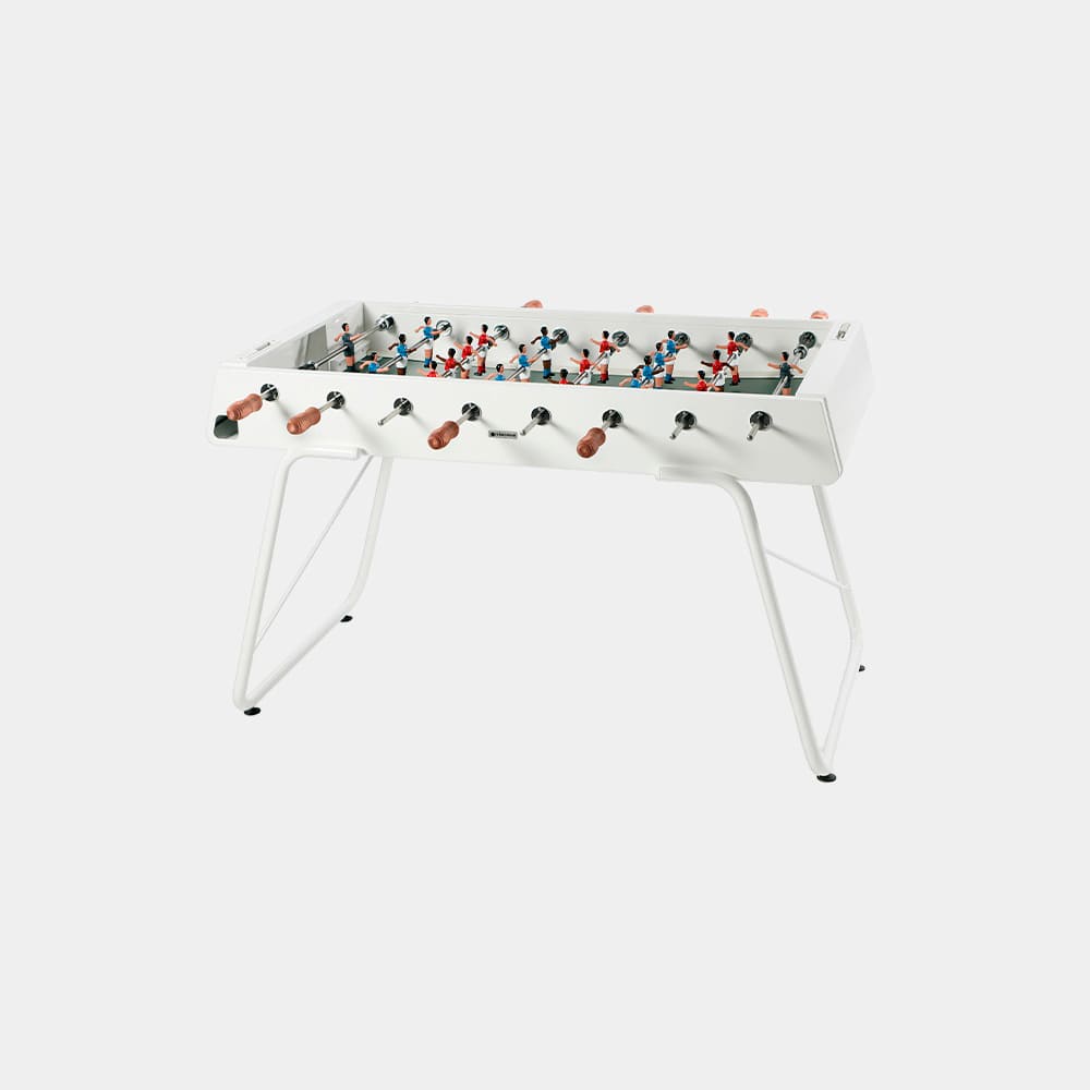 Weißer RS3 Tischkicker mit Iroko-Griffen und Figuren aus Aluminiumguss