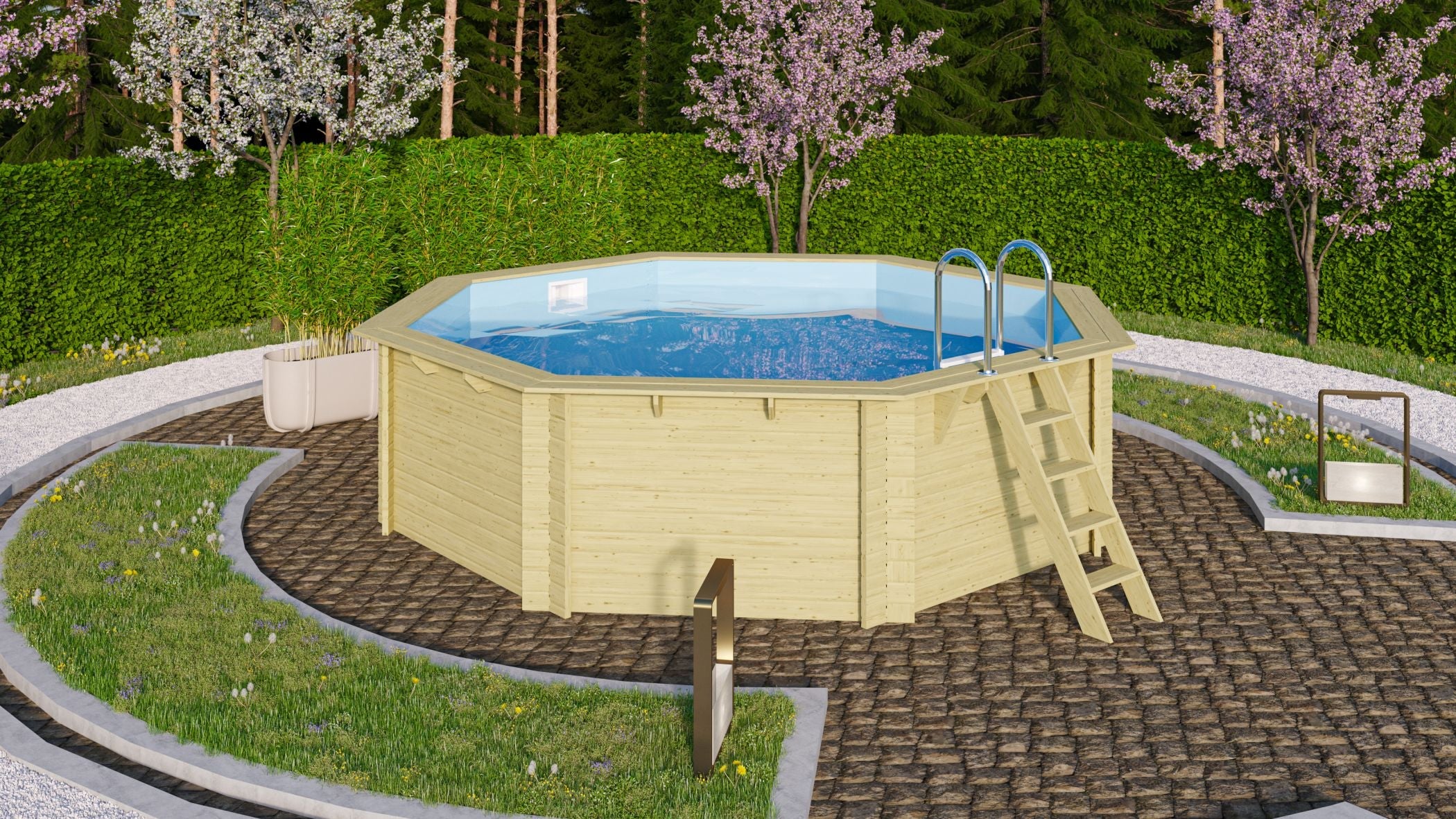 Karibu Pool Modell 2 mit blauer Innenfolie, Holzleiter und Edelstahlleiter im Garten