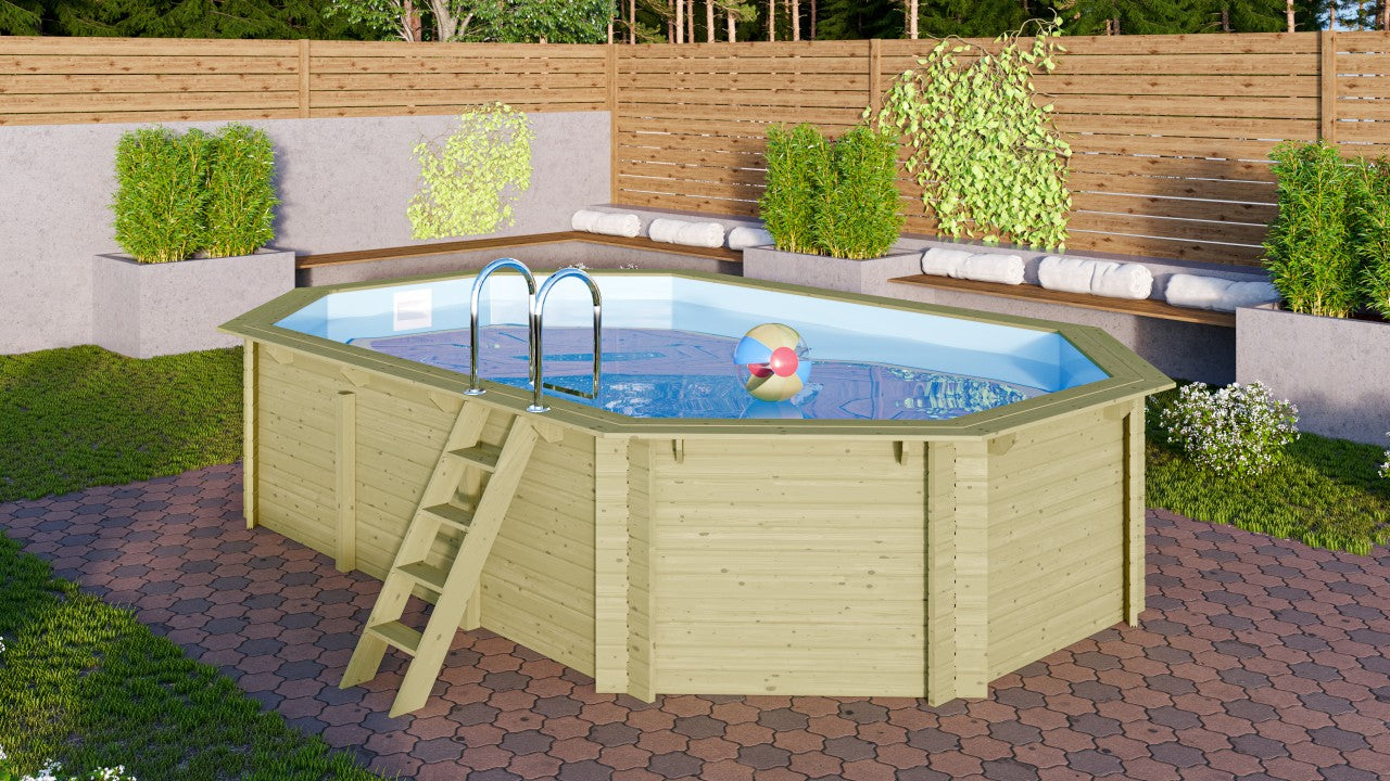 Karibu Pool Modell 4 in einer Gartenszene mit Poolbereich