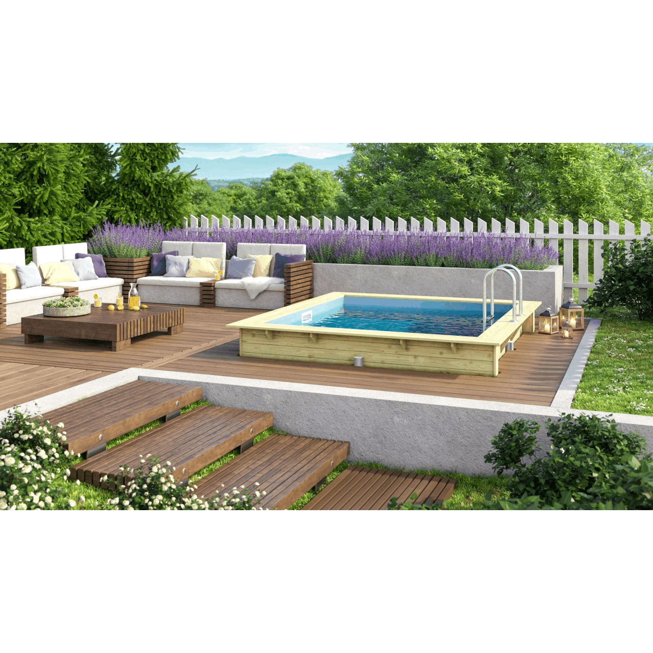 Karibu Rechteck Pool 1 mit Terrasse als Gestaltungsidee für einen dauerhaften Gartenpool