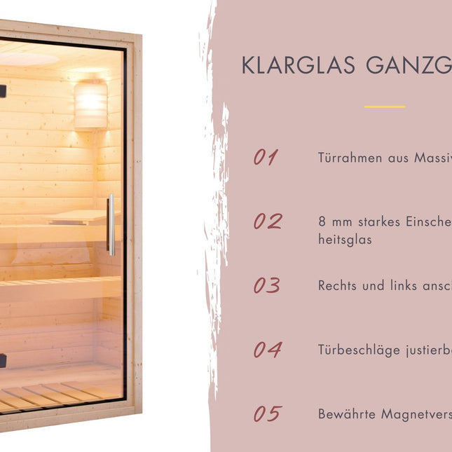 Ganzglastür der Karibu Saunahaus Angkor 1 mit 8 mm Sicherheitsglas und Massivholzrahmen