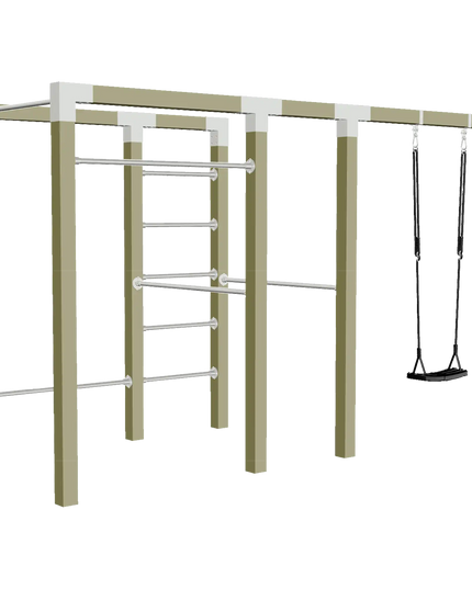 Outdoor Fitness Trainingsgestell Modell 3 aus druckimprägniertem Holz mit Kletterelementen, Reckstangen und Schaukel.