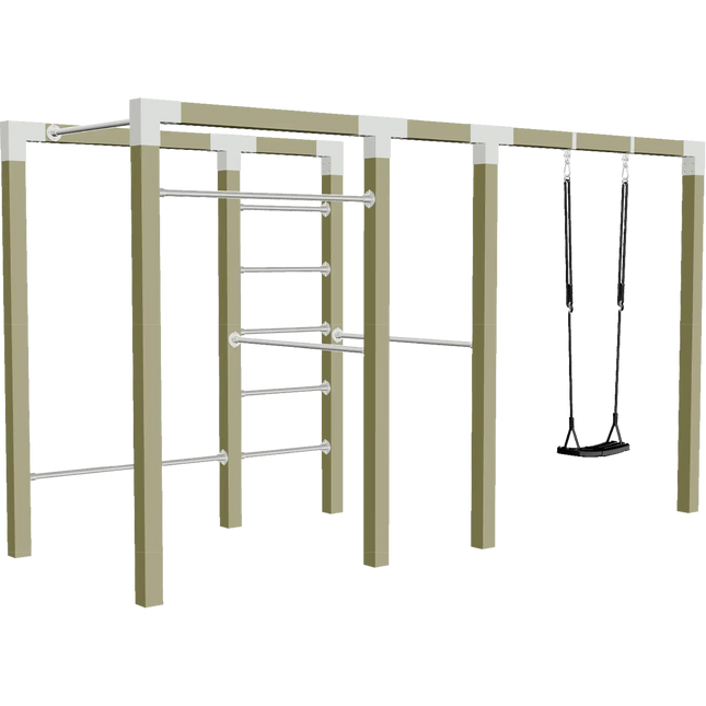 Outdoor Fitness Trainingsgestell Modell 3 aus druckimprägniertem Holz mit Kletterelementen, Reckstangen und Schaukel.