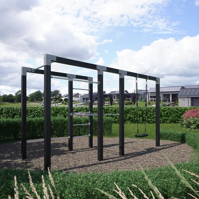 Outdoor Fitness Trainingsgestell - Modell 3 - Schwarz in einem Garten