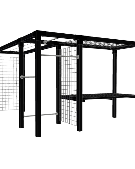 Freigestellte Daylife Pergola Modell 4 mit Tisch, Trockengestell, Fitnessmodul, Spalier und schwarzer Holzrahmenkonstruktion.
