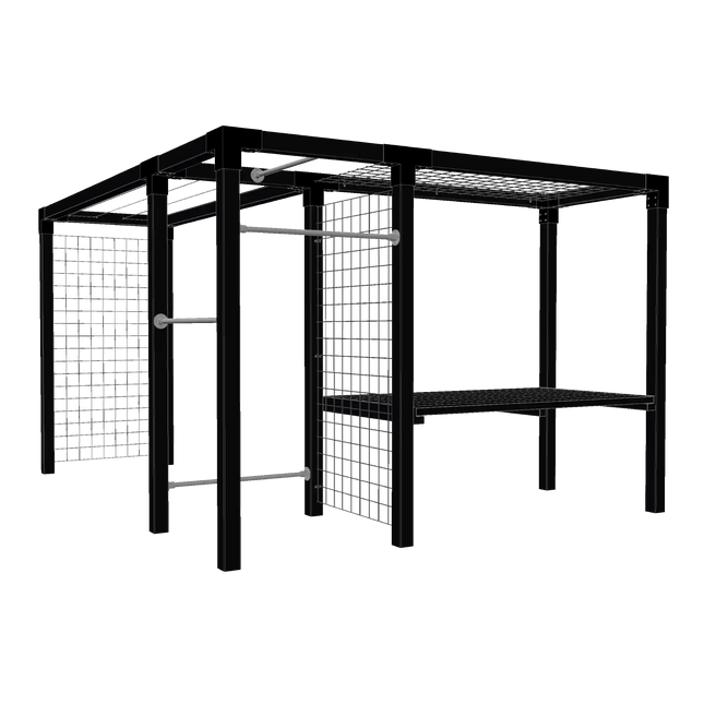 Freigestellte Daylife Pergola Modell 4 mit Tisch, Trockengestell, Fitnessmodul, Spalier und schwarzer Holzrahmenkonstruktion.