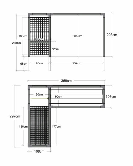 Maßzeichnung der Daylife Pergola Modell 4 mit Tisch, Trockengestell, Fitnessmodul und Spalier inklusive Breiten- und Höhenangaben.
