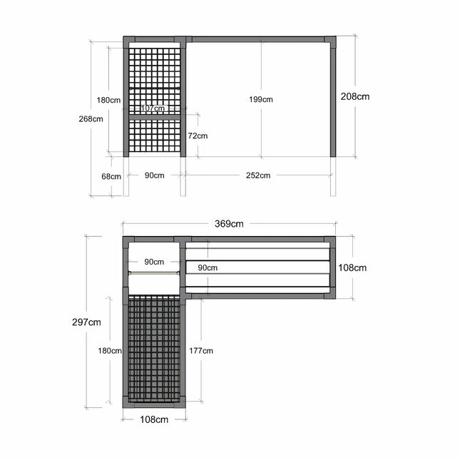 Maßzeichnung der Daylife Pergola Modell 4 mit Tisch, Trockengestell, Fitnessmodul und Spalier inklusive Breiten- und Höhenangaben.