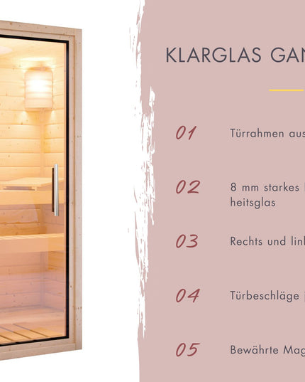Ganzglastür der Karibu Saunahaus Laguna mit Stangengriff und Magnetverschlusstechnik