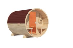 Karibu Fasssauna 2 als 3D-Rendering mit Ganzglastür und Saunabänken