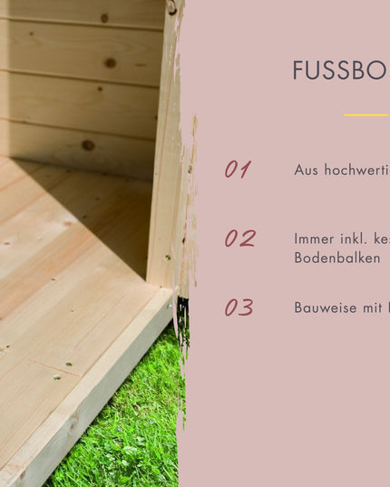 Karibu Saunahaus Angkor 3 – Infografik Fußboden: massiver Holzboden in Nut-und-Feder-Bauweise mit kesseldruckimprägnierten Bodenbalken