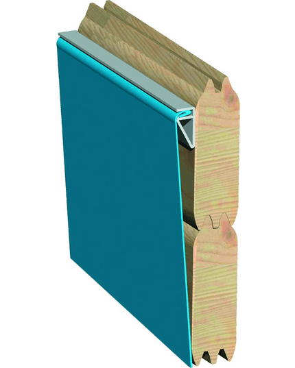 3D-Querschnitt einer Folienklemmleiste zur Befestigung einer blauen Poolfolie an der Blockbohlenwand eines Holzpools.