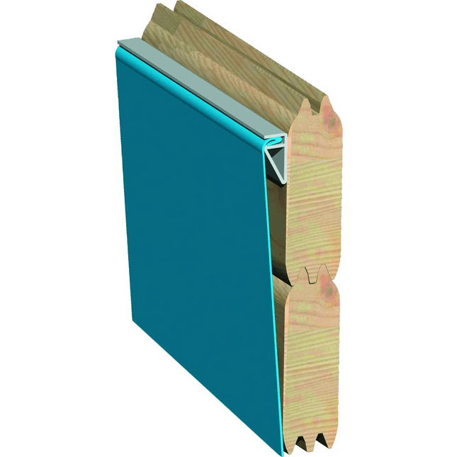 3D-Querschnitt einer Folienklemmleiste zur Befestigung einer blauen Poolfolie an der Blockbohlenwand eines Holzpools.