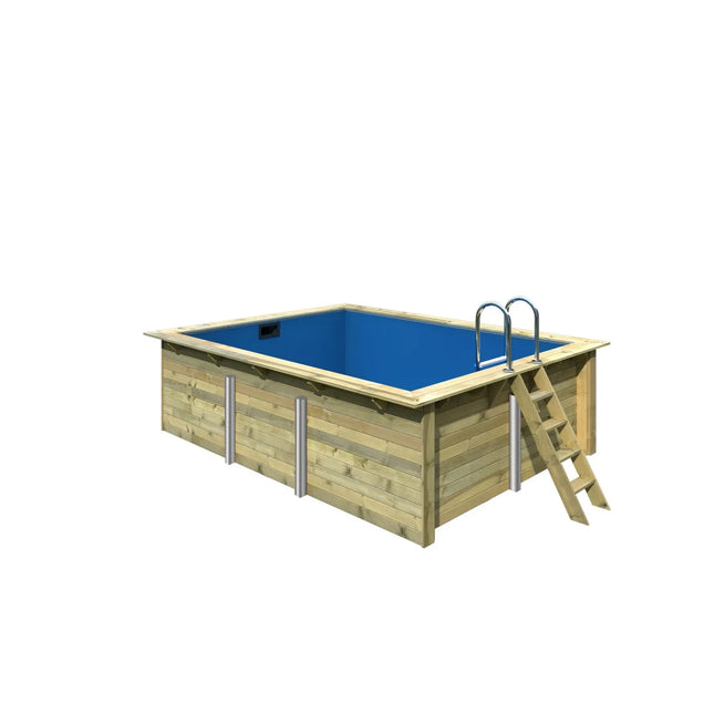 Rechteckiger Holzpool als Aufstellbecken mit blauer Innenfolie, Holzleiter an der Außenseite und Edelstahl-Einstiegsleiter.