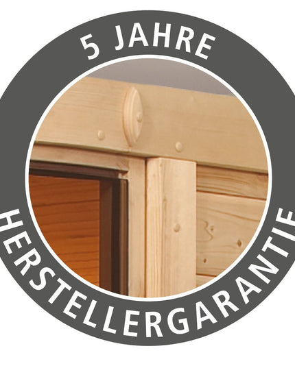 Aufgebaute Karibu Fasshaus 2 als Beispielinstallation im Garten
