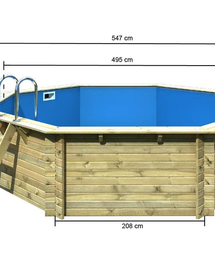 Karibu Pool Modell 3 – bemaßte Seitenansicht mit 547 cm Außenmaß, 495 cm Innenmaß, 124 cm Höhe und 208 cm Deckmaß