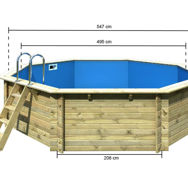 Karibu Pool Modell 3 – bemaßte Seitenansicht mit 547 cm Außenmaß, 495 cm Innenmaß, 124 cm Höhe und 208 cm Deckmaß