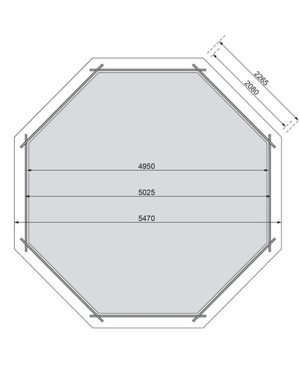 Karibu Pool Modell 3 – Fundamentplan mit Maßangaben 4950/5025/5470 mm und Diagonalmaßen 2265/2080 mm