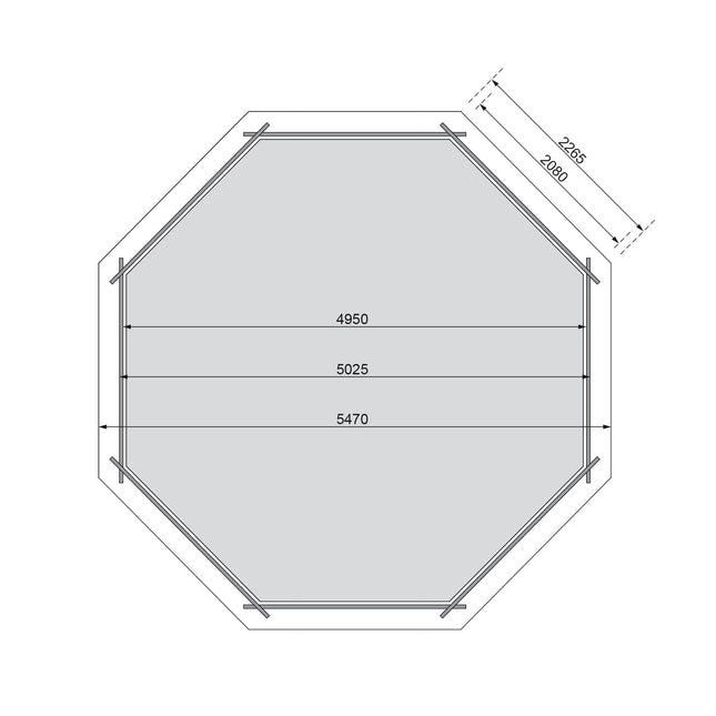 Karibu Pool Modell 3 – Fundamentplan mit Maßangaben 4950/5025/5470 mm und Diagonalmaßen 2265/2080 mm