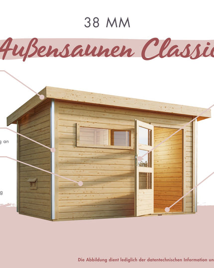 Innenansicht der Saunabänke und Sitzanordnung im Saunaraum der Karibu Saunahaus Mainburg 1