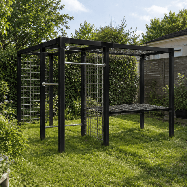 Daylife Pergola Modell 4 mit Tisch, Trockengestell, Fitnessmodul und Spalier in einem grünen Garten.