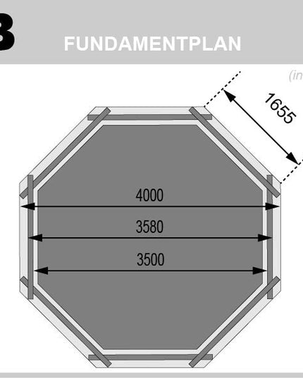 Fundamentplan Variante B für Karibu Pool Modell 1 mit Maßangaben in Millimetern