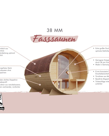 Produktgrafik einer Karibu 38 mm Fasssauna aus naturbelassener nordischer Fichte mit Tonnendach und bronzierter Saunatür aus Glas samt Infografik-Hinweisen zu Konstruktion und Merkmalen.