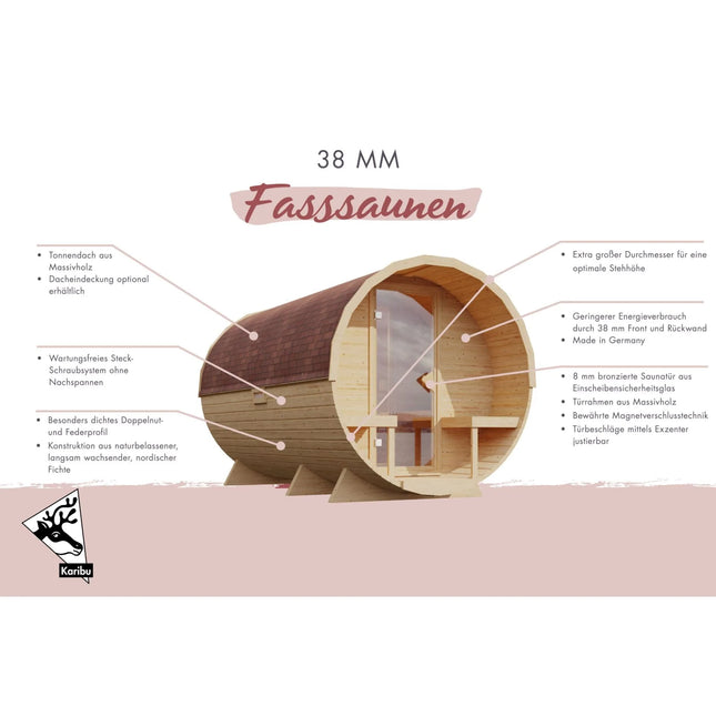 Produktgrafik einer Karibu 38 mm Fasssauna aus naturbelassener nordischer Fichte mit Tonnendach und bronzierter Saunatür aus Glas samt Infografik-Hinweisen zu Konstruktion und Merkmalen.