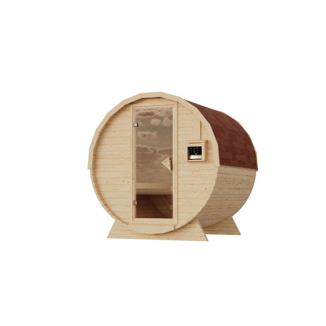Freistehende Fasssauna aus hellem Holz mit Glastür, rotbraunem Schindeldach und digitalem Steuergerät an der Außenwand auf weißem Hintergrund.