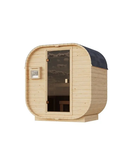 Moderne Außensauna aus hellem Holz in abgerundeter Form mit dunklem Schindeldach, getönter Glastür und kleinem Fenster.