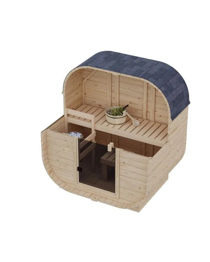 3D-Schnittansicht einer modernen Gartensauna aus hellem Holz mit ovaler Form, dunkelblauem Schindeldach, mehrstufigen Saunabänken, Glastür und einem Aufgusseimer mit Kelle im Innenraum.