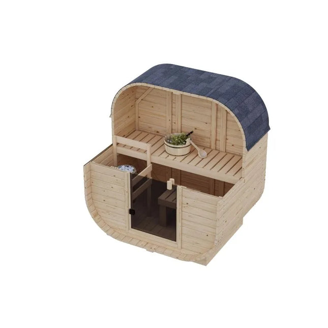 3D-Schnittansicht einer modernen Gartensauna aus hellem Holz mit ovaler Form, dunkelblauem Schindeldach, mehrstufigen Saunabänken, Glastür und einem Aufgusseimer mit Kelle im Innenraum.