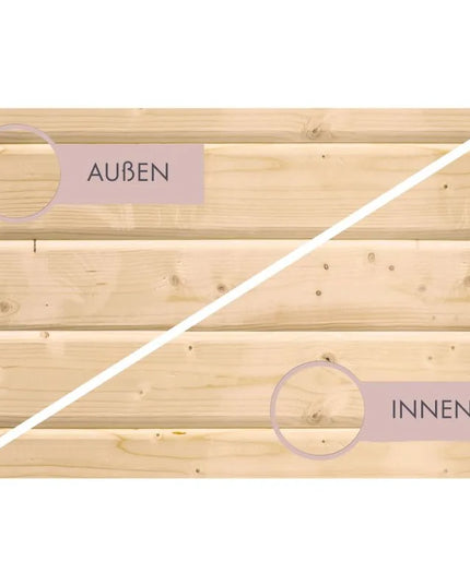 Diagonal geteilter Vergleich von hellen Holzbohlen mit der Beschriftung AUSSEN oben links und INNEN unten rechts.