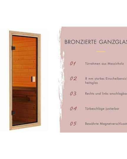 Bronzierte Ganzglastür für eine Sauna mit hellem Massivholzrahmen. Neben dem Produktbild werden fünf Merkmale aufgeführt: Türrahmen aus Massivholz, 8 mm starkes Einscheibensicherheitsglas, rechts und links anschlagbar, justierbare Türbeschläge und Magnetverschlusstechnik.