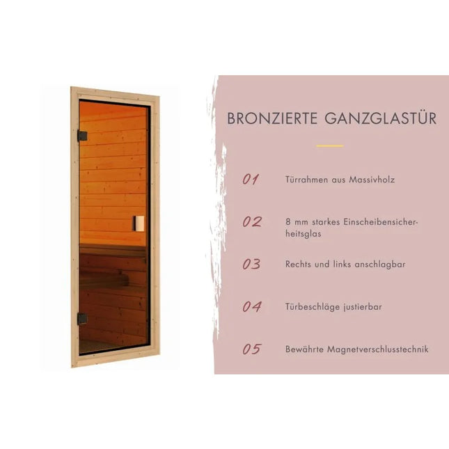 Bronzierte Ganzglastür für eine Sauna mit hellem Massivholzrahmen. Neben dem Produktbild werden fünf Merkmale aufgeführt: Türrahmen aus Massivholz, 8 mm starkes Einscheibensicherheitsglas, rechts und links anschlagbar, justierbare Türbeschläge und Magnetverschlusstechnik.