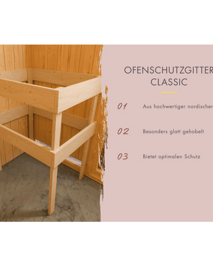 Ofenschutzgitter Classic aus hellem nordischem Fichtenholz für Saunaöfen, aufgebaut in einer Sauna-Ecke mit Infografik zu Produktmerkmalen: hochwertige nordische Fichte, glatt gehobelt, optimaler Schutz.
