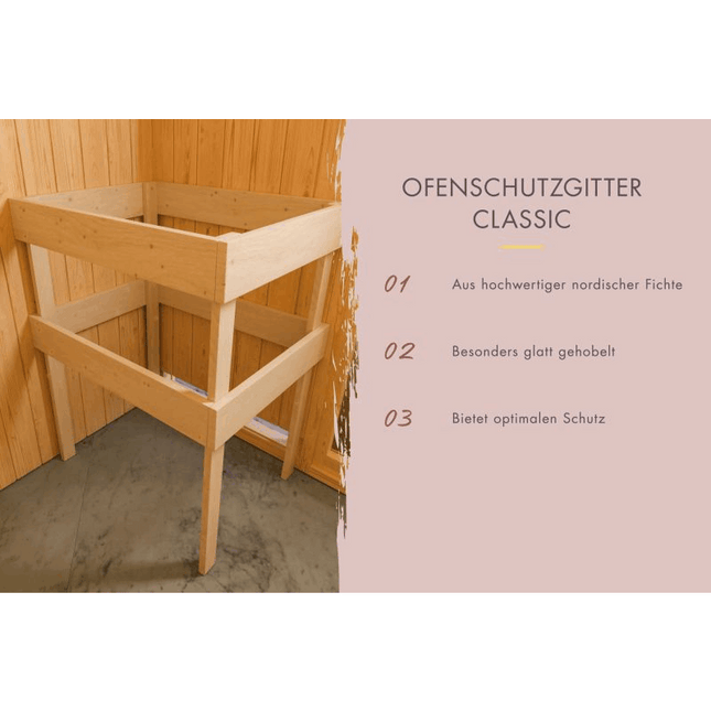 Ofenschutzgitter Classic aus hellem nordischem Fichtenholz für Saunaöfen, aufgebaut in einer Sauna-Ecke mit Infografik zu Produktmerkmalen: hochwertige nordische Fichte, glatt gehobelt, optimaler Schutz.