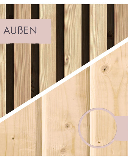 Vergleich von Außen- und Innenseite der Douglasie- und Fichtenwandbohlen