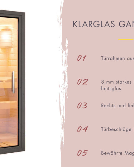 Ganzglastür der Karibu Saunahaus Laguna Douglasie mit 8 mm Sicherheitsglas