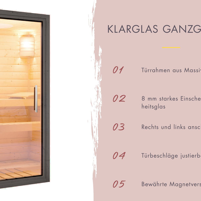 Ganzglastür der Karibu Saunahaus Laguna Douglasie mit 8 mm Sicherheitsglas