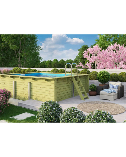 Rechteckiger Aufstellpool aus Holz mit blauem Wasser, Edelstahlleiter und Holztreppe auf einer hellen Garten-Terrasse.