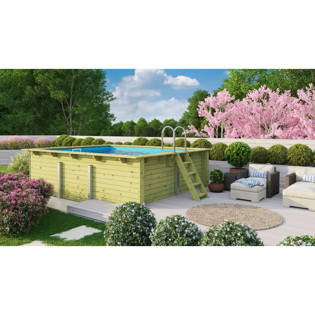 Rechteckiger Aufstellpool aus Holz mit blauem Wasser, Edelstahlleiter und Holztreppe auf einer hellen Garten-Terrasse.