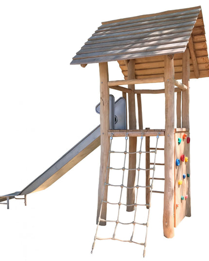 4-Eck-Spielturm mit Anbauten auf weissem Hintergrund