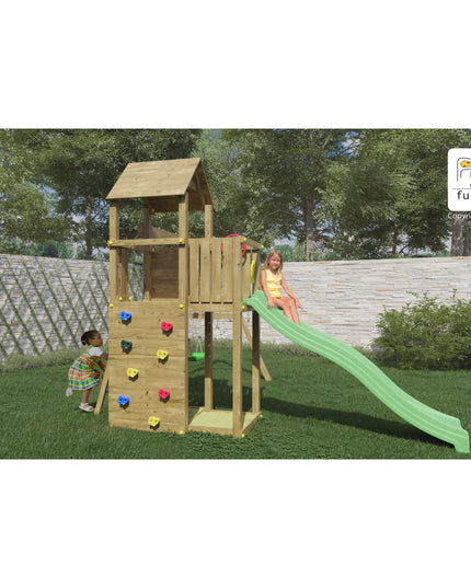 Kinder spielen auf dem Spielturm Gartenhit in einem Garten