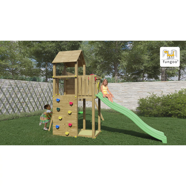 Kinder spielen auf dem Spielturm Gartenhit in einem Garten