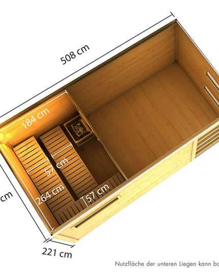 Karibu Saunahaus Hygge – Grundriss mit Maßangaben von Sauna und Vorraum