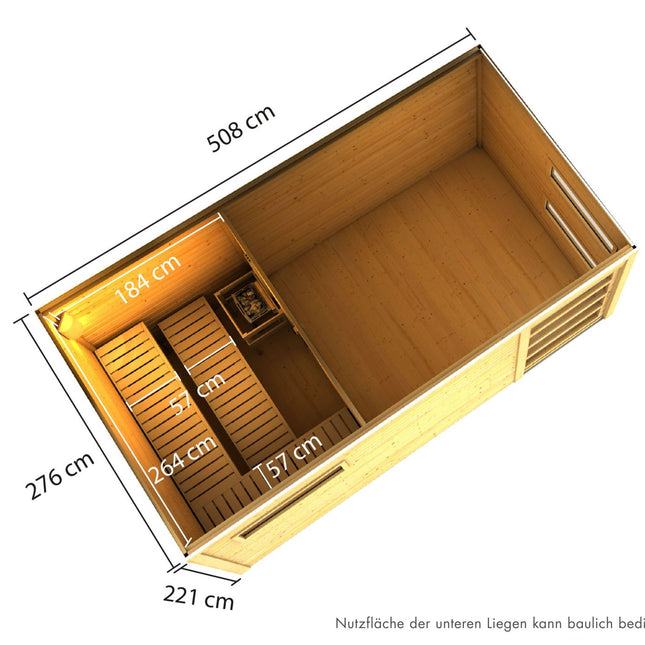 Karibu Saunahaus Hygge – Grundriss mit Maßangaben von Sauna und Vorraum
